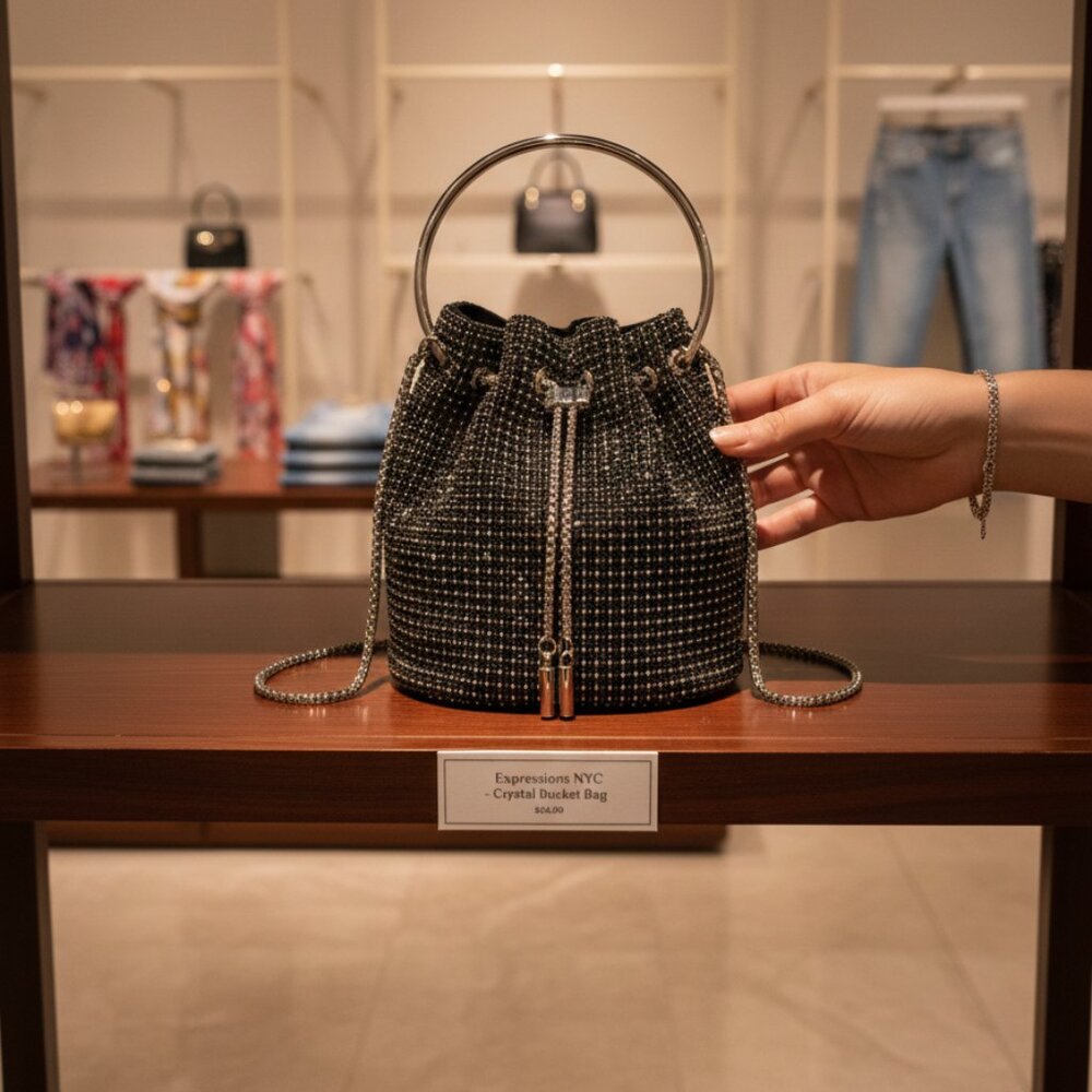 Expressions NYC Rhinestone Embellished Bucket Bag Metal Ring Handle Chain Strap